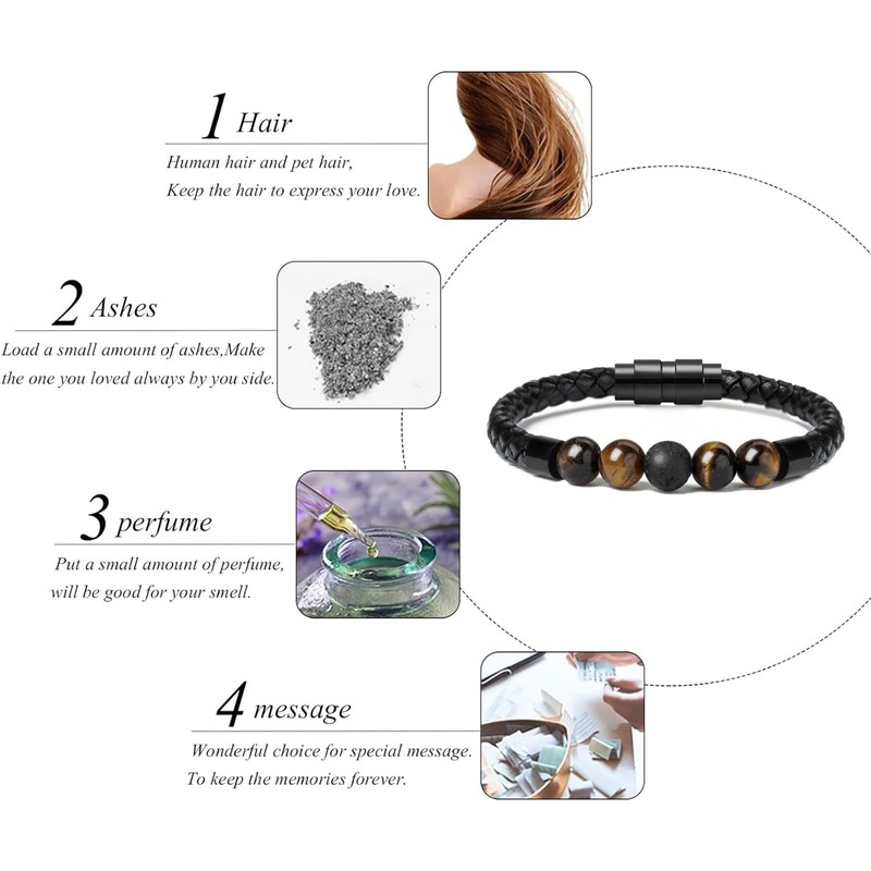 Leather Cremation Memorial Urn Bracelet Lava Stone 316L Stainless Steel