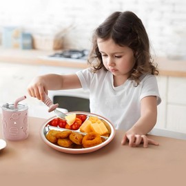 PandaEar 6-in-1 Stainless Steel Baby Feeding Set | Divided Suction Plate, Bowl, Sippy Cup with Straw, Bib, Spoon & Fork | BPA-Free Toddler Feeding Essentials for Self-Feeding (Pink)