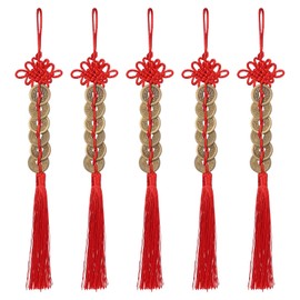 EORTA 5 Pieces Chinese Knot Tassel Red Charm Talisman with Ancient Feng Shui Lucky Coins Chinese New Year Decor Hanging Vintage Ornament Car Pendant for Good Fortune, Protection, Health and Prosperity
