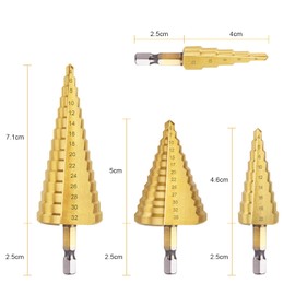 flintronic HSS Step Drill Bit Set 4 Pieces, Hex Shank Step Drill Bit 4-12/4-20/4-32/5-35 mm Triangular Metal Drill, Taper Drill Bit Titanium-Coated Peeling Drill for Metal, Brass, Wood, Plastic, Gold