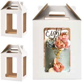 Hzzycaxli 2 Pack Tall Cake Boxes for Tier Cakes,10x10x12 Inch Large Cake Box with windows,8in 10in White Bakery Box Disposable Layer Tall Cake Baking with Handle