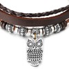 COOLSTEELANDBEYOND Brown Multi-Strand Leather Bracelet, Owl and Beads Charms, Braided