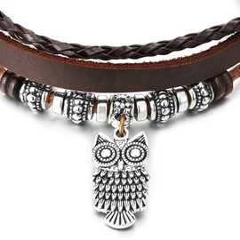 COOLSTEELANDBEYOND Brown Multi-Strand Leather Bracelet, Owl and Beads Charms, Braided Cotton Strap, for Mens Womens