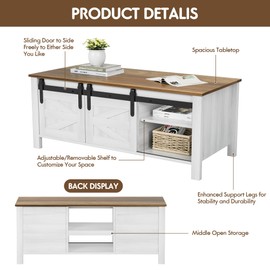 YESHOMY Coffee Table with Sliding Barn Doors & Storage, Wooden Center Rectangular Cabinet with Adjustable Shelves, for Livingroom, Bedroom, Home Office, White and Rustic