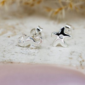 Tuscany Silver Sterling Silver Cubic Zirconia Starfish and Seahorse Asymmetric Stud Earrings, Silver