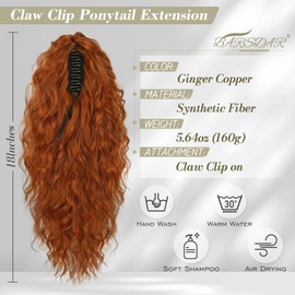 BARSDAR Ponytail Hairpiece Copper, 45 cm Claw Clip Ponytail Hair Extensions Long Wavy Natural Synthetic Clip-In Hairpieces Ponytail Extension for Women - Ginger Copper