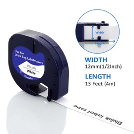 5 x Bluink Letratag Tape Compatible with Dymo Label Tape 91201 S0721660, LetraTag Plastic White Tape for Dymo Letratag LT-100H LT-100T QX50, 12mm x 4m, Black on White
