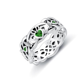 Seiyang Claddagh Ring for Women Sterling Silver Claddagh Birthstone Ring Irish band (Emerald, 6)