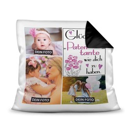 Cushion with Cushion Filling with Photo Collage to Design Yourself with Three Photos and Saying "Glück ist, eine Patentante wie Dich zu haben, Colour Cushion Back, Black, 40 x 40 cm