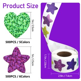 Glitter Stickers,8Color 1Inch Self-Adhesive Colorful Incentive Stickers, Metallic Stickers Self Adhesive Waterproof Stickers Decorative Labels for Classroom Supplies (Heart and Star(1000pcs))