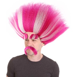 HPO King Troll Wig with Eyebrows and Mustache | Pink with White Stripes Wigs for Teen Sizes | Halloween Troll Cosplay and Themed Party Wig