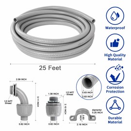 (1/2" Dia * 25 Feet) Yariwiz Flexible Electrical Conduit Liquid Tight PVC Conduit Kit with 3 PCS Coupling, 3 PCS Elbow and 7 PCS Strap, Sealtight Seal Flex Liquidtight Wire Outdoor Non Metallic Grey