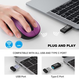 WisFox 2.4G Wireless Mouse for Laptop, Ergonomic Computer Mouse with USB Receiver and Type-C Adapter, 3 Adjustable Levels, 6 Button Cordless Wireless Mice for Windows Mac PC Notebook (Purple)