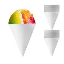 Lyreh 16pcs Reusable Snow Cone Cups, 4.1x3.1 Inch Plastic Shaved Ice Cups White Ice Cream Cones Compatible with Nostalgia & Snow Cone Machines