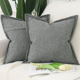 Madizz Set of 2 Linen Cushion Covers with Wide Edge, Soft Decorative Cushion Covers for Sofa, Bedroom, Grey, 40 x 40 cm, Square