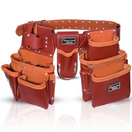 Leather Tool Pouch, Tool Organizer, Premium Tool Bag for Carpenter, Construction, Electrician Crafted from Full Grain Leather, 19 Pocket Brown Tool Rig