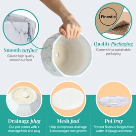 FINESTIC White Plant Pots Set of 3 Planters 4,5,6 Inch with Saucer Tray, Mesh Pad, Drainage Hole and Stopper, Flower Pot, Garden Indoor Outdoor Planter, Modern Home Decor (Ceramic, Marble White)