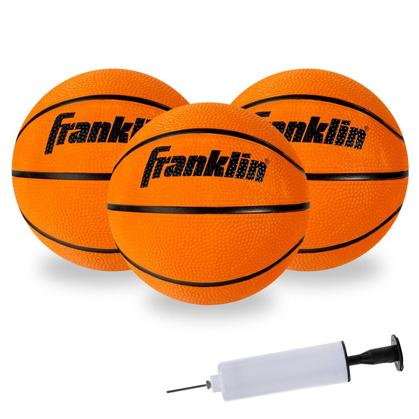 Franklin Sports Indoor + Outdoor Rubber Mini Basketballs - Pack of 3 Mini Basketballs- 5 Inch Toy Basketballs - Indoor + Outdoor Ready Arcade Rubber Balls - Basketball Pump Included