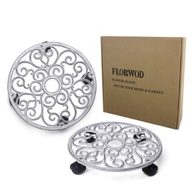 2pcs Heavy Duty Cast Iron Flowerpot Holder Plant Caddy 11 inch, Flower Stand Round Planter Holder with 4pcs 360° Caster Wheels - Rustic White