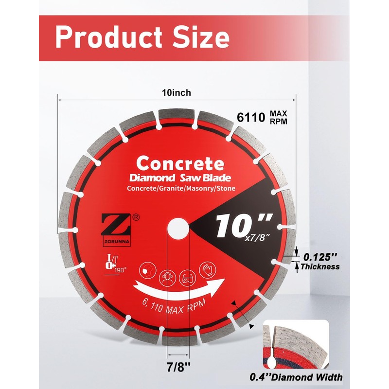 ZORUNNA 10 Inch Diamond Concrete Saw Blade, 1/4" Segment Width