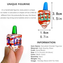 HDCRYSTALGIFTS Set 4 Blown Glass Tradition Hanukkah Dreidel Figurine Ornament 1.5'' Art Glass Classic Dreidel Paperweight Collectibles Jewish Hanukkah Gift