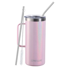 Ezprogear Taza de cerveza de acero inoxidable de 32 onzas, doble pared aislada al vacío, vaso de campamento con asa, tapa y popotes (32 onzas, clavel con purpurina)