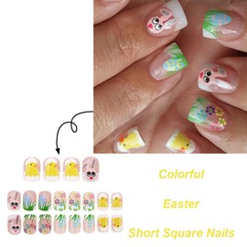 Easter Press on Nails Short Square Fake Nails French False Nails with Cute Bunny Eggs Designs Glossy Nude Pink Full Cover Acrylic Nails Rabbit Glue on Nails for Women 24 Pcs Artificial Nails