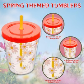 (2) Daisy Spring Tumblers with Orange Lid Yellow Straw, 15oz Easter-Themed Reusable Plastic Cups Floral Drinking Tumbler Cold Drinks Picnics Summer Party Favors Gifts Basket Fillers Decor Supplies
