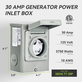 RVMATE Pre-Drilling 30 Amp Generator Power Inlet Box NEMA TT-30P 125V 3750W Power Inlet Box, Waterproof for Outdoor Use