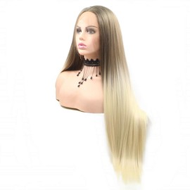 Silky Straight Long Honey Brown Roots Ombre Blonde Wig Synthetic Glueless Hair 26" Handmade Lace Front Wigs Two Tone Flawless Daily Cosplay Women Wigs Natural Hairline Fashion Middle Part
