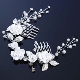 Yean Wedding Flower Hair Comb Pearl Bridal Hair Accessories Crystal Wedding Hair Piece for Women and Girls (Silver)