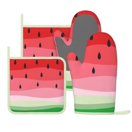 Novelty Fruit Watermelon Oven Mitts and Pot Holders Sets of 4, Heat Resistant Silicone Oven Mittens and Potholders Gloves Hot Pads for Kitchen Cooking Baking Grilling BBQ Chef