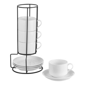 YOLIFE 8oz Porcelain Stackable Cappuccino Cups with Saucers and Metal Stand Set of 4, Coffee cups for Espresso, Specialty Coffee Drinks, Latte, Americano and Tea - White