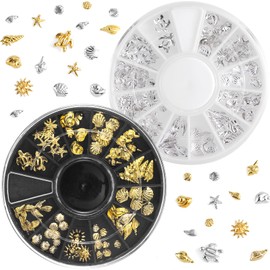 Isslly 2 Disc Ocean 3D Nail Charms, Metal Nail Art Decals, 12 Styles Beach Starfish Seashell DIY Embellishments for Manicure Scrapbook Cellphones Bookmarks Refrigerators Shoes- Gold & Silver