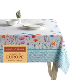 Maison d'Hermine Tablecloth, 100% Cotton, 140 cm x 180 cm, Decorative Tablecloth, Washable, Square Tablecloths for Mother's Day Gifts, Dining, Weddings, Flower In The Field - Spring/Summer