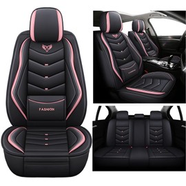 ZHNGSU Leather Car Seat Covers,Full Coverage Seat Covers Full Set with Fix Lumber Support,Universal Automotive Seat Covers for Cars,SUVs,Trucks and Sedans (Black&Pink, Full Set)