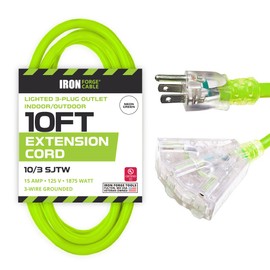 Iron Forge Cable 10 Gauge Extension Cord 10 ft with 3 Outlets Pigtail, 10/3 Heavy Duty Extension Cord with Multiple Outlets for Outdoor & Indoor, 15 AMP Great for Major Appliance, UL Certified