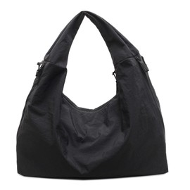 Extolove Nylon Tote Bag Large Hobo Bags for Women Multipockets Slouchy Shoulder Bag Solid Color Crescent Handbags (Black)