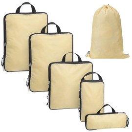 Navaris Compression Packing Cubes Set of 6 - Compressible Travel Bags for Packing Many Sizes - Lightweight Compression Travel Organizer Suitcase Carry On Luggage Backpacks - Beige