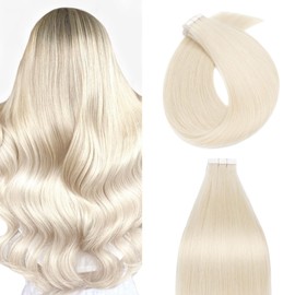 Silk-co Tape Extensions Real Hair, Pack of 20, Hair Extensions, Tape-In Extensions, Real Hair, Remy Hair Extensions, Glue Skin Weft Tape Ins, 50 g, 70# Bleach White, 40 cm