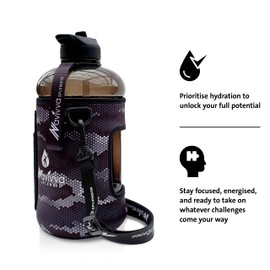 NAVIVVA SPLENDID Large 2L Water Bottle with Insulating Neoprene Cover and Straw Lid - BPA-Free, Dishwasher Safe, Portable, Eco-friendly with Carry Handle – Huge 2.2 Litre. (Black Leather Print)