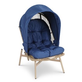 Athena Collection Patio Wicker Egg Chair with Folding Canopy, All-Weather Rattan Patio Lounge Chair with Sun Shade, Balcony Furniture Outside Seating for Front Porch, Garden, Poolside, Outdoor, Blue