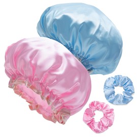 MOSOSA 2 Sets Reusable Shower Cap for Women, Double Waterproof Layers Shower Cap, Environmental Protection Hair Bath Caps for Women Men Kids, Blue/Pink