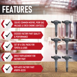 Ignition Coil Set of 6 - Replaces 90919-A2007 - Compatible with Toyota, Lexus & Scion Vehicles - 2.7L, 3.5L V6 - Ignition Coil Pack Fits, Camry V6, Avalon, Sienna, Rav4 and more