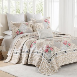 SahSahCasa 100% Cotton 128"x120" Oversized California King XL Bedspread Coverlet Quilt Set, Cal King Quilted Bedspread Extra Large Quilt, Floral Bed Spread Lightweight Comforter, 3pc, Brown/Grey