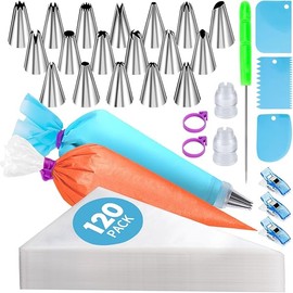 150 Pcs Piping Bags and Tips Set, Cakes Decorating Kit Supplies with 120 Pcs 12 Inch Piping Bags, 1 Reusable Pastry Bags, 18 Tips, 2 Couplers, 2 Bags Ties, 3 Clips, 1 Scriber Needle, 3 Cake Scraper
