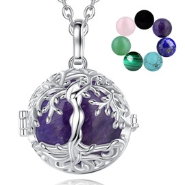 INFUSEU Tree of Life Necklace, Crystal Tree of Life Pendant Necklace Healing Stones Malachite Obsidian Carnelian Turquoise Amethyst Jewellery Interchangeable Stones Magic Witch Gift for Women Girls