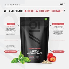 Organic Acerola Cherry Extract 11,750mg - High Strength 100% NRV Natural Vitamin C, Made from Organic Acerola Cherry 25:1 Extract - Non-GMO, Gluten-Free, Halal, Vegan. 90 Vegan Capsules