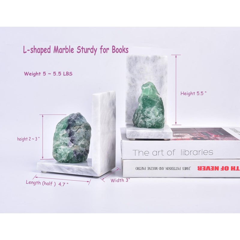 AMOYSTONE Marble & Fluorite Bookends - Heavy Duty L-Shape Book