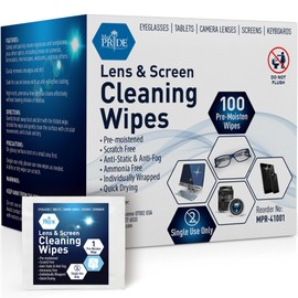 MED PRIDE Lens and Screen Cleaning Wipes for Eyeglasses, Touch Screens, Cameras, Anti-Fog, Scratch-, Anti-Static (100 100 Count (Pack of 1))